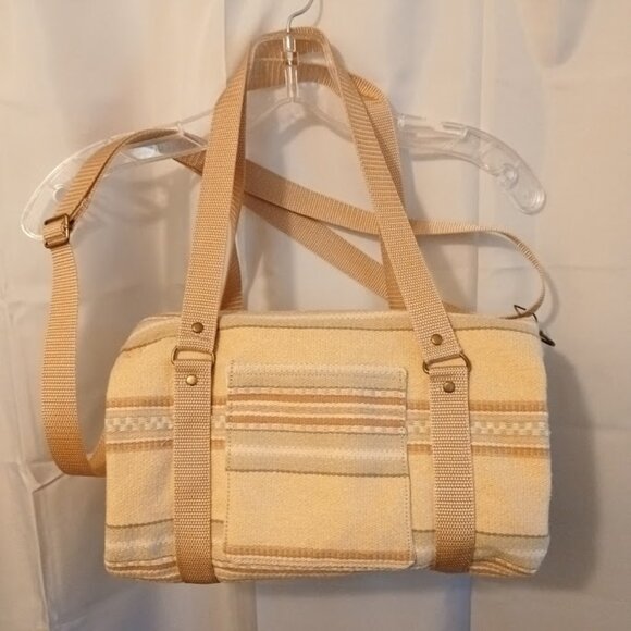 New Canvas Upholstery Mini Duffle Travel Bag Tan Sage embroidered Shoulder Cross - Picture 1 of 9